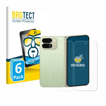 Face avant d’un emballage produit avec le logo de la marque BROTECT. À côté, l’appareil Google Pixel 10 Pro Fold (Avant+Arrièr