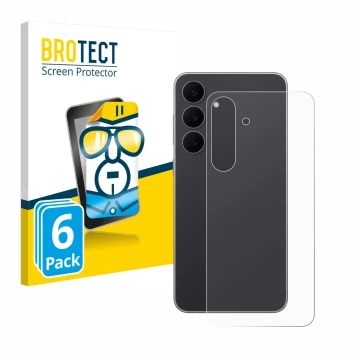 Face avant d’un emballage produit avec le logo de la marque BROTECT. À côté, l’appareil Samsung Galaxy S25 FE (Arrière) est re