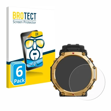 Face avant d’un emballage produit avec le logo de la marque BROTECT. À côté, l’appareil Huami Amazfit T-Rex 3 Pro (48 mm) est 