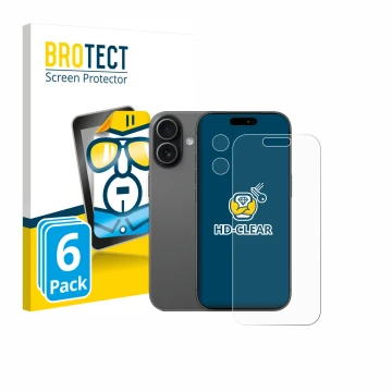 Face avant d’un emballage produit avec le logo de la marque BROTECT. À côté, l’appareil Apple iPhone 17 (Avant+Caméra) est rep