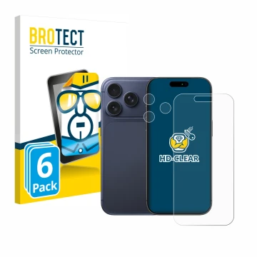 Face avant d’un emballage produit avec le logo de la marque BROTECT. À côté, l’appareil Apple iPhone 17 Pro (Avant+Caméra) est