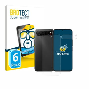 Face avant d’un emballage produit avec le logo de la marque BROTECT. À côté, l’appareil Nubia Air (Avant+Caméra) est représent