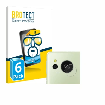 Face avant d’un emballage produit avec le logo de la marque BROTECT. À côté, l’appareil Sharp Aquos Sense 8 (Caméra UNIQUEMENT