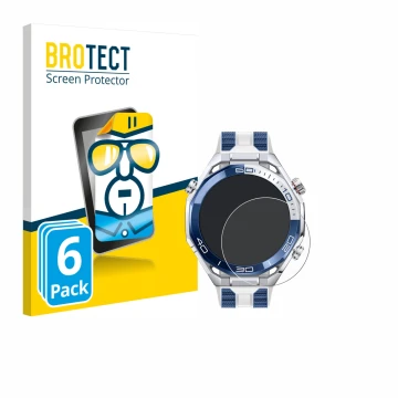Face avant d’un emballage produit avec le logo de la marque BROTECT. À côté, l’appareil Huawei Watch Ultimate 2 Blue est repré