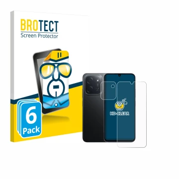 Face avant d’un emballage produit avec le logo de la marque BROTECT. À côté, l’appareil Xiaomi Poco C85 (Avant+Caméra) est rep