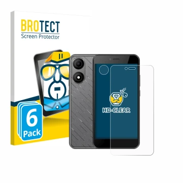 Face avant d’un emballage produit avec le logo de la marque BROTECT. À côté, l’appareil HTC Wildfire E5 Life (Avant+Caméra) es