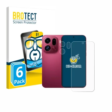 Face avant d’un emballage produit avec le logo de la marque BROTECT. À côté, l’appareil Oppo Find X9 Pro (Avant+Caméra) est re