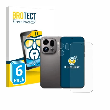 Face avant d’un emballage produit avec le logo de la marque BROTECT. À côté, l’appareil Oppo Find X9 (Avant+Caméra) est représ