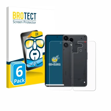 Face avant d’un emballage produit avec le logo de la marque BROTECT. À côté, l’appareil Nothing Phone (3a) Lite (Avant+Arrière