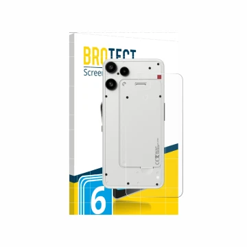 Face avant d’un emballage produit avec le logo de la marque BROTECT. À côté, l’appareil Nothing Phone (3a) Lite (Arrière) est 