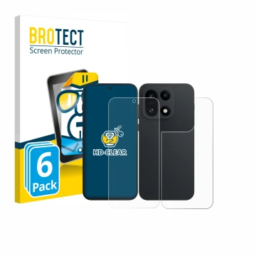 Face avant d’un emballage produit avec le logo de la marque BROTECT. À côté, l’appareil OnePlus 15 (Avant+Arrière) est représe