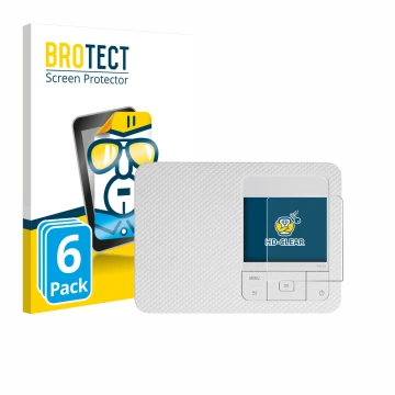 Face avant d’un emballage produit avec le logo de la marque BROTECT. À côté, l’appareil Canon Selphy CP1500 Mini est représent