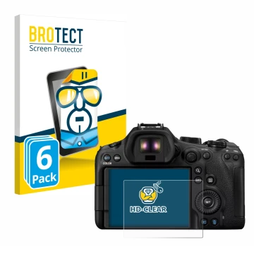 Face avant d’un emballage produit avec le logo de la marque BROTECT. À côté, l’appareil Canon EOS R6 Mark III est représenté a