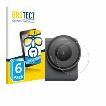 Face avant d’un emballage produit avec le logo de la marque BROTECT. À côté, l’appareil DJI Osmo Action 6 (Lentille) est repré