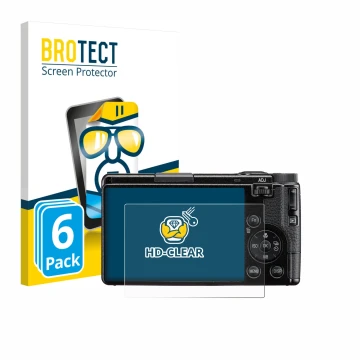 Face avant d’un emballage produit avec le logo de la marque BROTECT. À côté, l’appareil Ricoh GR IV HDF 2025 est représenté av