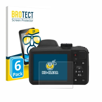 Face avant d’un emballage produit avec le logo de la marque BROTECT. À côté, l’appareil Kodak Pixpro AZ405 est représenté avec