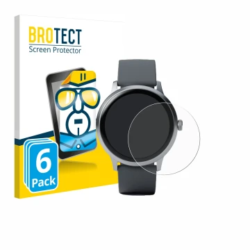 Face avant d’un emballage produit avec le logo de la marque BROTECT. À côté, l’appareil Pebble Round 2 est représenté avec la 