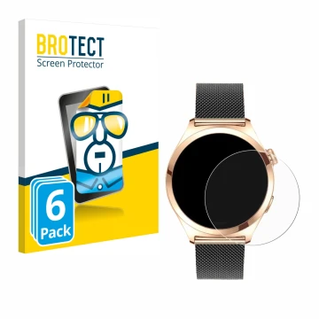 Face avant d’un emballage produit avec le logo de la marque BROTECT. À côté, l’appareil Niolina Smartwatch 1.27