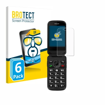 Face avant d’un emballage produit avec le logo de la marque BROTECT. À côté, l’appareil Simvalley Mobile XL-970 est représenté