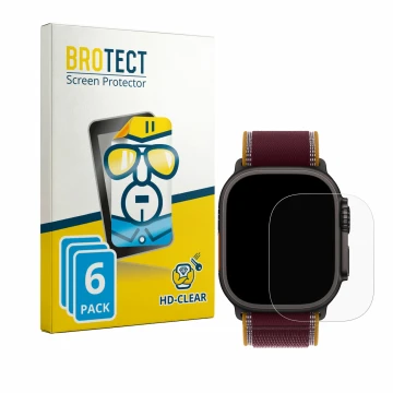 Face avant d’un emballage produit avec le logo de la marque BROTECT. À côté, l’appareil Apple Watch Ultra 4 (49 mm) est représ