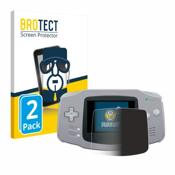 Face avant d’un emballage produit avec le logo de la marque BROTECT. À côté, l’appareil Nintendo Gameboy Advance GBA est repré