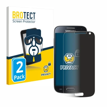 Face avant d’un emballage produit avec le logo de la marque BROTECT. À côté, l’appareil Samsung Galaxy S4 Mini est représenté 