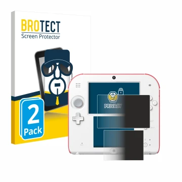 Face avant d’un emballage produit avec le logo de la marque BROTECT. À côté, l’appareil Nintendo 2DS est représenté avec la pr