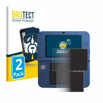 Face avant d’un emballage produit avec le logo de la marque BROTECT. À côté, l’appareil Nintendo New 3DS XL est représenté ave