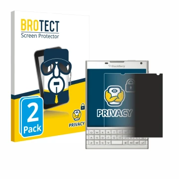 Face avant d’un emballage produit avec le logo de la marque BROTECT. À côté, l’appareil BlackBerry Passport est représenté ave