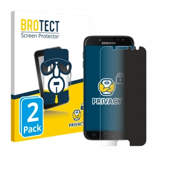 Face avant d’un emballage produit avec le logo de la marque BROTECT. À côté, l’appareil Samsung Galaxy J7 Pro est représenté a