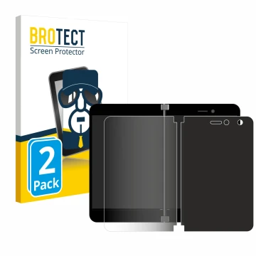Face avant d’un emballage produit avec le logo de la marque BROTECT. À côté, l’appareil Microsoft Surface Duo est représenté a