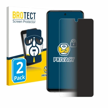 Face avant d’un emballage produit avec le logo de la marque BROTECT. À côté, l’appareil Xiaomi Redmi Note 9 Pro 5G est représe