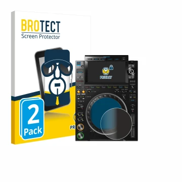 Face avant d’un emballage produit avec le logo de la marque BROTECT. À côté, l’appareil Pioneer CDJ 3000 (Cercle) est représen