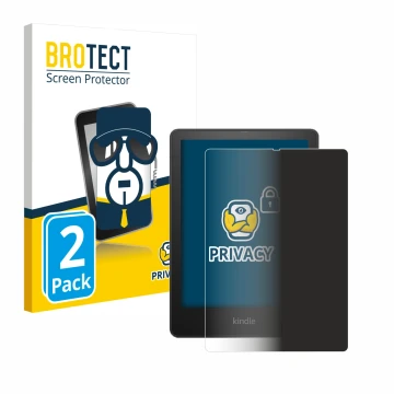 Face avant d’un emballage produit avec le logo de la marque BROTECT. À côté, l’appareil Amazon Kindle Paperwhite 2021 Signatur