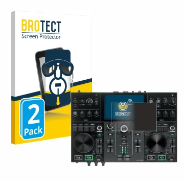 Face avant d’un emballage produit avec le logo de la marque BROTECT. À côté, l’appareil Denon DJ Prime Go est représenté avec 