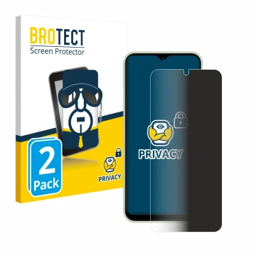Face avant d’un emballage produit avec le logo de la marque BROTECT. À côté, l’appareil Samsung Galaxy A14 4G est représenté a