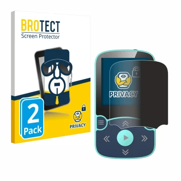 Face avant d’un emballage produit avec le logo de la marque BROTECT. À côté, l’appareil AGPtek A65X MP3 Player with clip est r