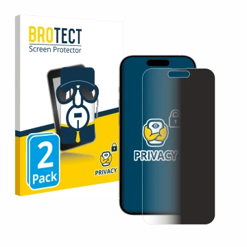 Face avant d’un emballage produit avec le logo de la marque BROTECT. À côté, l’appareil Apple iPhone 15 Plus est représenté av