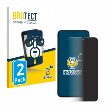 Face avant d’un emballage produit avec le logo de la marque BROTECT. À côté, l’appareil Samsung Galaxy S24 Plus est représenté