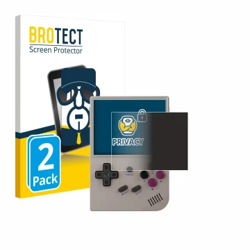 Face avant d’un emballage produit avec le logo de la marque BROTECT. À côté, l’appareil Anbernic RG35XX Plus est représenté av