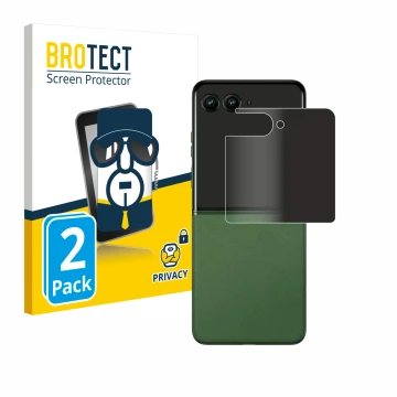 Face avant d’un emballage produit avec le logo de la marque BROTECT. À côté, l’appareil Motorola Razr 50 (Affichage arrière) e