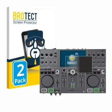 Face avant d’un emballage produit avec le logo de la marque BROTECT. À côté, l’appareil Denon DJ Prime Go+ est représenté avec