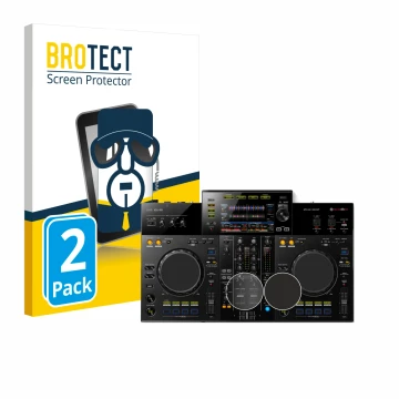 Face avant d’un emballage produit avec le logo de la marque BROTECT. À côté, l’appareil Pioneer XDJ -RR (Jog) est représenté a