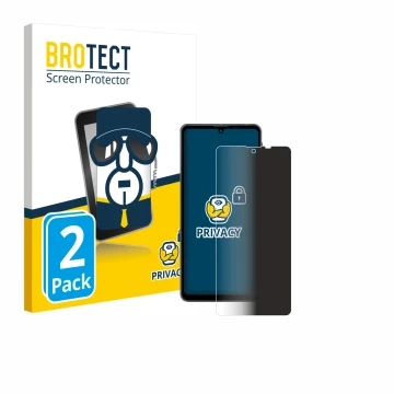 Face avant d’un emballage produit avec le logo de la marque BROTECT. À côté, l’appareil Sharp Aquos Sense 8 est représenté ave