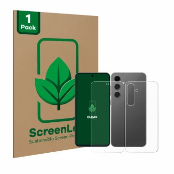 Face avant d’un emballage produit avec le logo de la marque ScreenLeaf. À côté, l’appareil Samsung Galaxy S24 FE (Avant+Arrièr