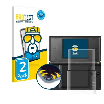 Face avant d’un emballage produit avec le logo de la marque BROTECT. À côté, l’appareil Nintendo DS LITE est représenté avec l