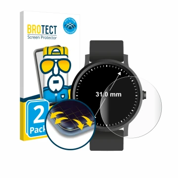 Face avant d’un emballage produit avec le logo de la marque BROTECT. À côté, l’appareil Montres (circulaire, ø: 31 mm) est rep