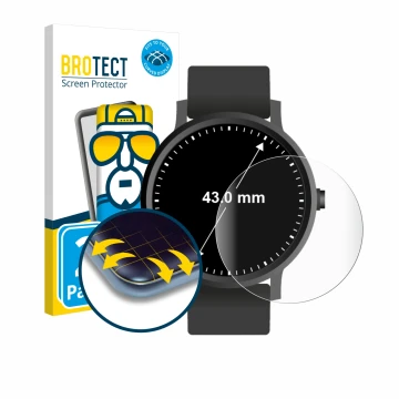 Face avant d’un emballage produit avec le logo de la marque BROTECT. À côté, l’appareil Montres (Circulaire, ø: 43 mm) est rep