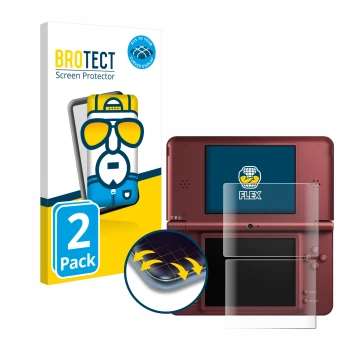 Face avant d’un emballage produit avec le logo de la marque BROTECT. À côté, l’appareil Nintendo DSi XL est représenté avec la