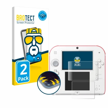 Face avant d’un emballage produit avec le logo de la marque BROTECT. À côté, l’appareil Nintendo 2DS est représenté avec la pr